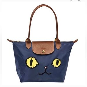 Longchamp Le Pliage Miaou Cat Face Shoulder Bag Tote Navy Blue Yellow Eyes